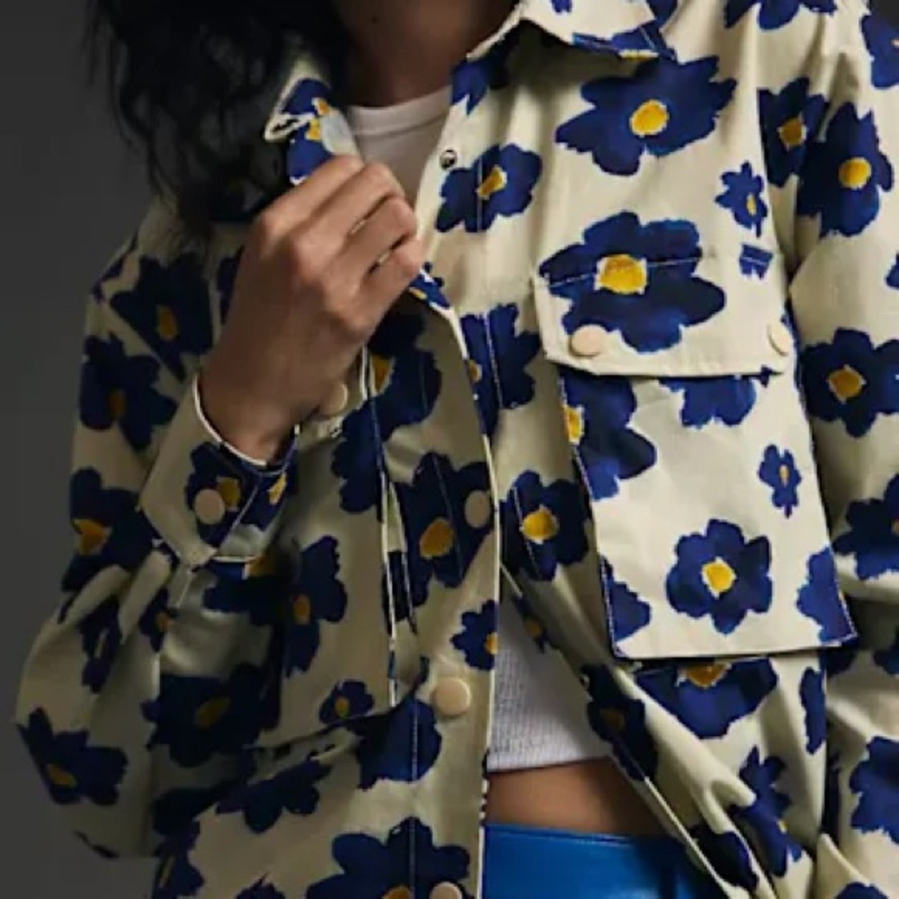 PepaLoves | Anthropologie | Floral Print Cropped Jacket in Cream and Blue - Picture 3 of 5